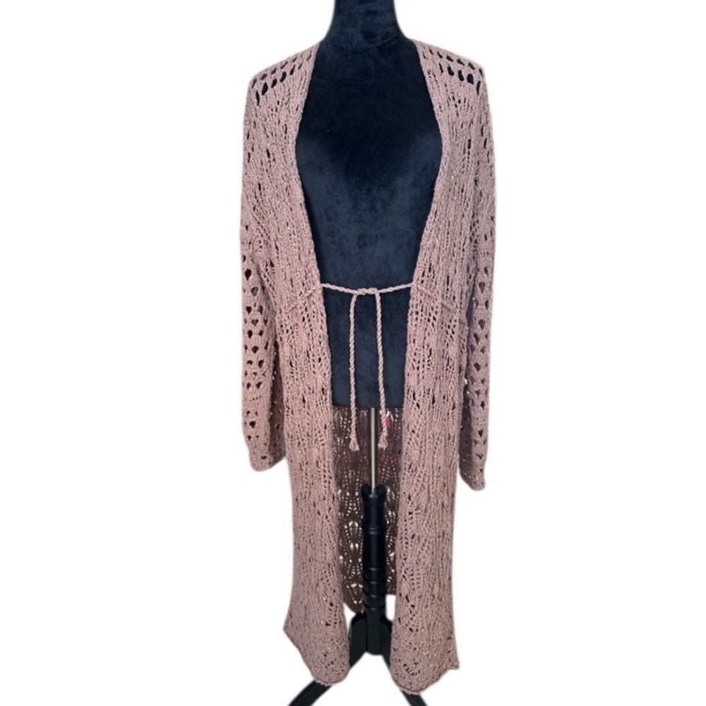 Free People Boardwalk Brown Crochet Duster Cardigan OB1109620 Mauve Small NEW